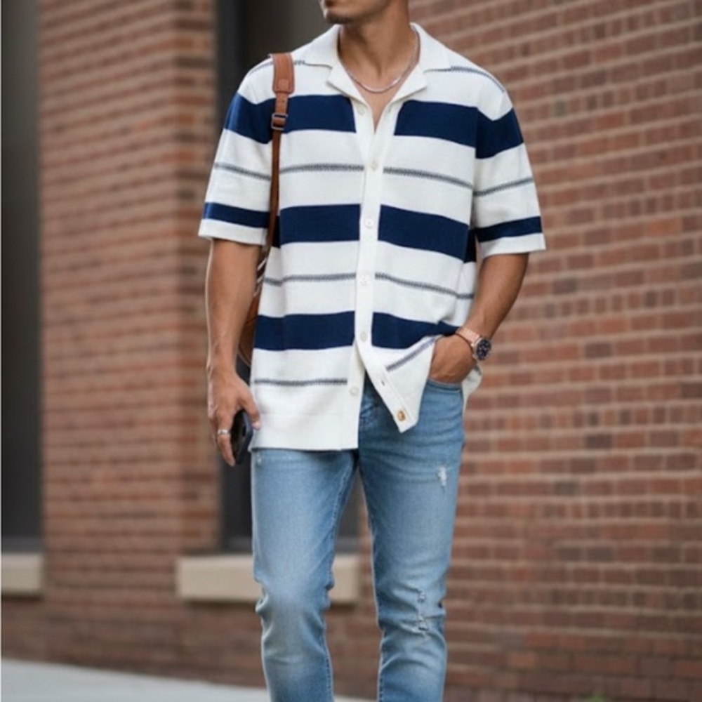 M&S.   Men's Navy and White Striped Shirt SIZE L